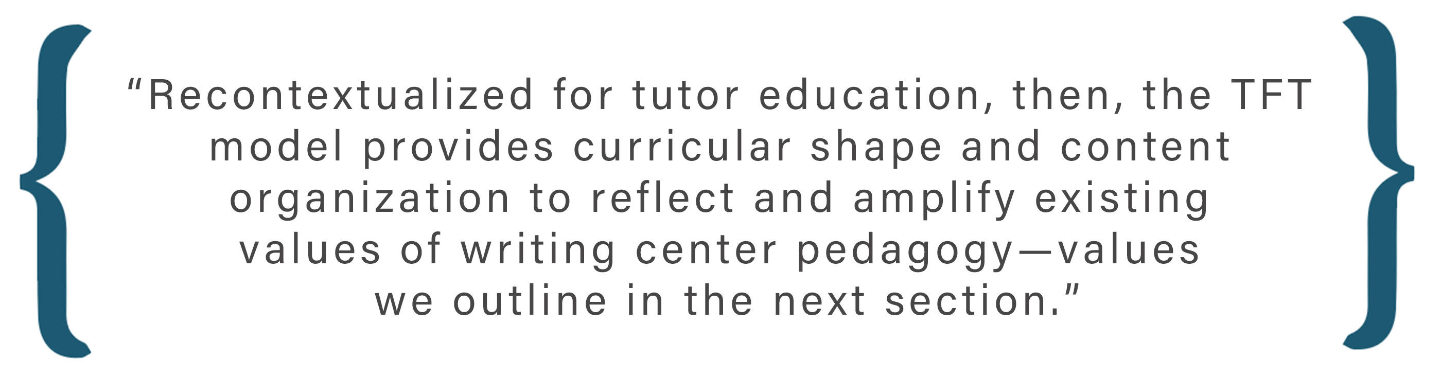Text box: Recontextualized for tutor education, then, the TFT model provides curricular shape and content organization to reflect and amplify existing values of writing center pedagogy—values we outline in the next section.